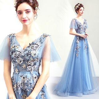 V-neck Embroidered Sequined Evening Gown