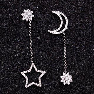Rhinestone Moon & Star Asymmetrical Drop Earrings