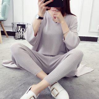 Set: Plain Long Cardigan + Knit Vest + Drawstring Pants