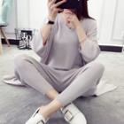 Set: Plain Long Cardigan + Knit Vest + Drawstring Pants