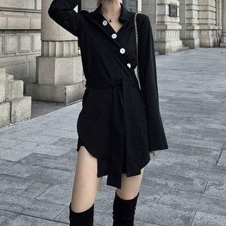 Irregular Hem Long-sleeve Mini Collared Dress