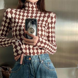 Long-sleeve Turtleneck Argyle Slim-fit Top