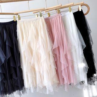 Beaded Ruffled Mesh Midi A-line Skirt