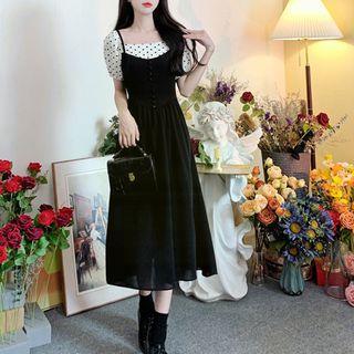 Mock Two-piece Short-sleeve Dotted Panel Midi A-line Dress