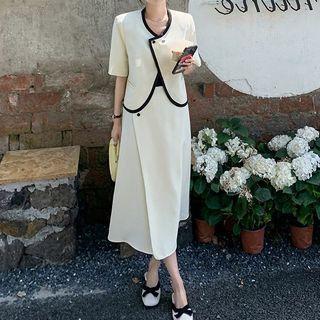 Set: Short-sleeve Contrast Trim Jacket + High-waist Maxi Skirt