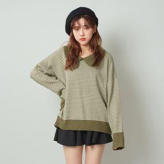 Striped Peter Pan Collar Sweater Green - One Size
