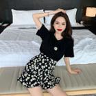 Floral Embroidered Short-sleeve T-shirt / Ruffle Trim Floral Print Mini Skirt