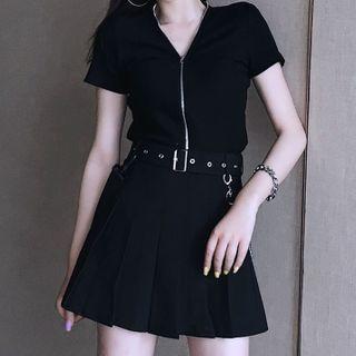 Short-sleeve Zip-up Top / Pleated Mini A-line Skirt / Set