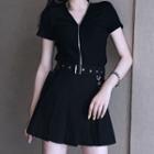 Short-sleeve Zip-up Top / Pleated Mini A-line Skirt / Set