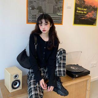 Plain Cardigan / Plaid Wide-leg Pants