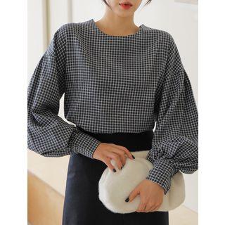 Plus Size Balloon-sleeve Checked Blouse