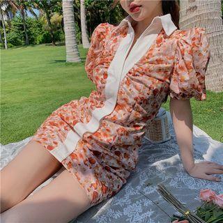 Puff-sleeve Collared Floral Mini Bodycon Dress