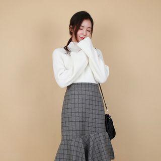 Mock-neck Wool Blend Rib Sweater
