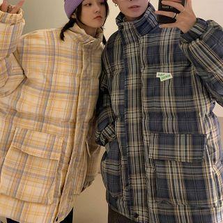 Couple Matching Plaid Padded Zip-up Coat