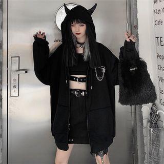 Horned Hooded Zip Jacket Black - One Size