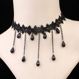 Bead Fringed Lace Choker Black - One Size