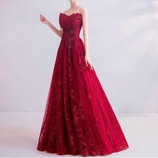 Strapless Rhinestone Floral A-line Evening Gown