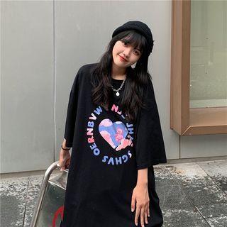 3/4-sleeve Lettering Bear Print T-shirt