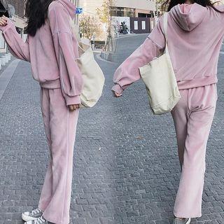 Set: Velvet Contrast Trim Zip Hoodie + Wide Leg Sweatpants