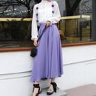 Ruffle Trim Blouse / Midi Suspender Skirt