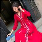 Long-sleeve Pattern Printed V-neck Tie-waist Midi Dress