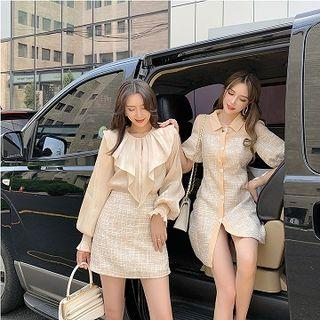 Puff-sleeve Mini Tweed Dress / Long-sleeve Blouse / Mini Tweed Skirt / Set