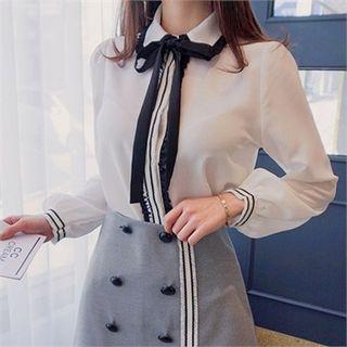 Detachable-ribbon Contrast Frill-trim Shirt
