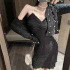 Faux Pearl Strap A-line Dress / Shirred Jacket