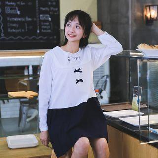Bow Embroidered Panel Long-sleeve Dress