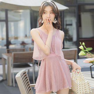 Set: Elbow-sleeve Cold Shoulder Swimdress + Swimshorts