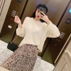 Long-sleeve Plain Top / High-waist Floral Printed Chiffon Skirt