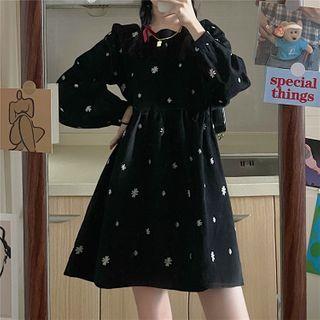 Floral Square-neck Puff-sleeve Corduroy A-line Mini Dress