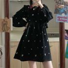 Floral Square-neck Puff-sleeve Corduroy A-line Mini Dress