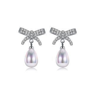 Elegant Bow Earrings With Austrian Element Crystals And Fashion Pearl Silver - One Size