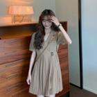 Short-sleeve Tie-waist Pleated Mini A-line Dress