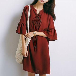 Chiffon Plain Flared Elbow-sleeve Dress Red - One Size