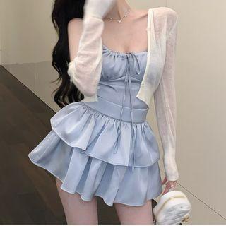 Plain Camisole Top / Layered Mini A-line Skirt / Cardigan