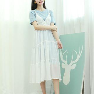 Set: T-shirt Dress + Sleeveless V-neck Sheer Tiered Dress