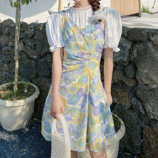 Spaghetti Strap Floral Mini A-line Dress Floral - Blue & Yellow - One Size