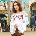Embroidered Off-shoulder Long-sleeve Gathered-waist Blouse