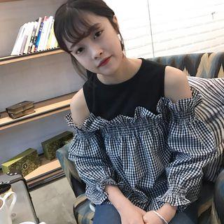 Plaid Mock Two-piece Blouse Gingham - Black & White - One Size