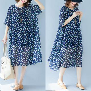 Set: Leaf Print Short-sleeve Chiffon Dress + Slipdress