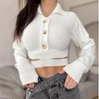 Collared Cutout Button-up Knit Crop Top