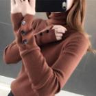 High-neck Buttoned Long-sleeve Knit Top