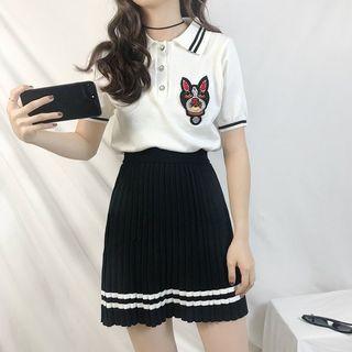 Cartoon Embroidered Polo-shirt / Pleated High-waist Skirt