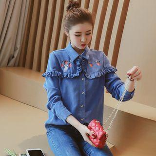Corduroy Frill Trim Long-sleeve Blouse