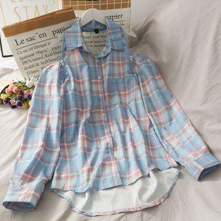 Dip-back Zipper Plaid Loose Shirt Blue - One Size