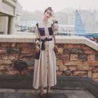 Long-sleeve Button-up Color Block A-line Midi Dress