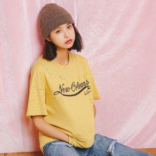 Lettering Short-sleeve Distressed T-shirt