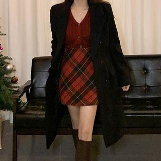 Double-breasted Blazer / Long-sleeve Knit Top / Plaid Mini A-line Skirt